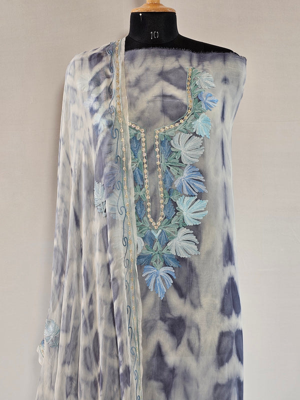 Shibori Grey Georgette Unstitched Suit with Aari Embroidery
