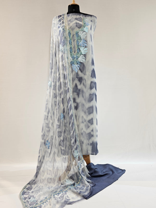 Shibori Grey Georgette Unstitched Suit with Aari Embroidery