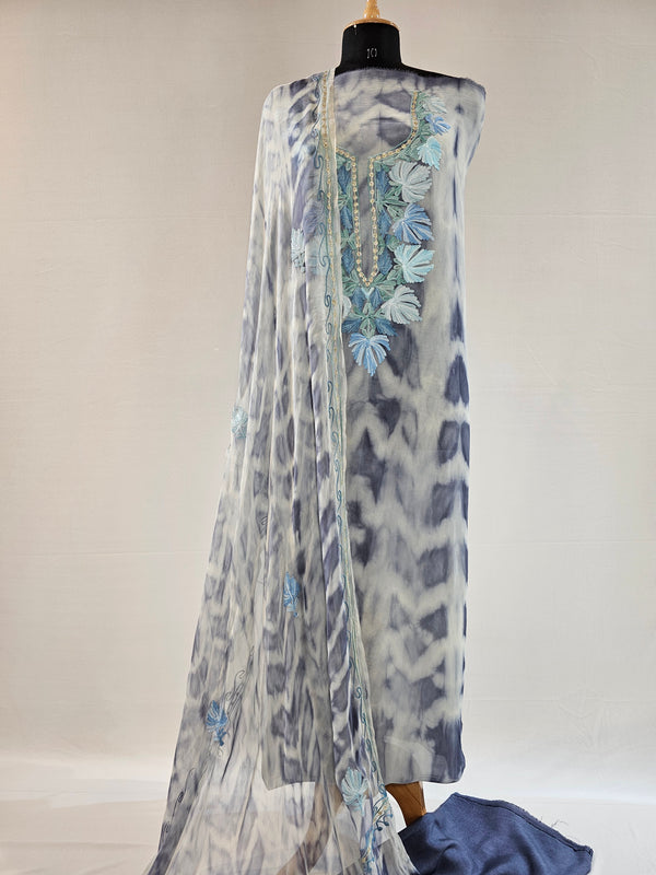 Shibori Grey Georgette Unstitched Suit with Aari Embroidery