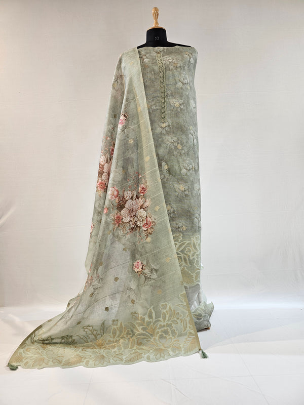 Graceful Green Linen Scalloped Unstitched Suit with Zari & Floral Weave