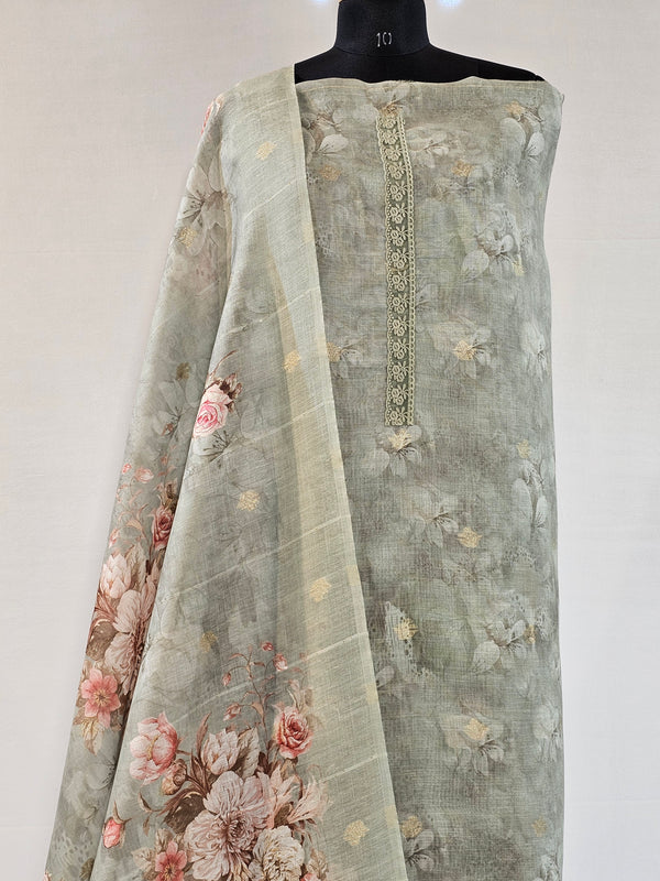 Graceful Green Linen Scalloped Unstitched Suit with Zari & Floral Weave