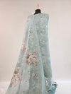 Elegant Blue Linen Scalloped Unstitched Suit with Floral Zari Accents