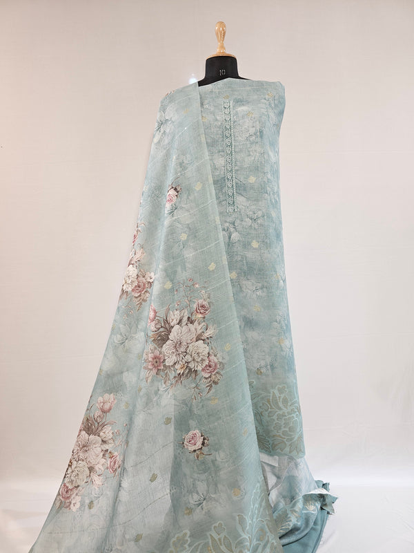Elegant Blue Linen Scalloped Unstitched Suit with Floral Zari Accents