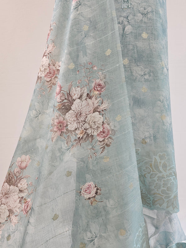 Elegant Blue Linen Scalloped Unstitched Suit with Floral Zari Accents