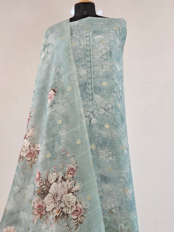 Elegant Blue Linen Scalloped Unstitched Suit with Floral Zari Accents