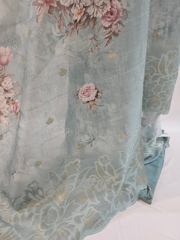 Elegant Blue Linen Scalloped Unstitched Suit with Floral Zari Accents