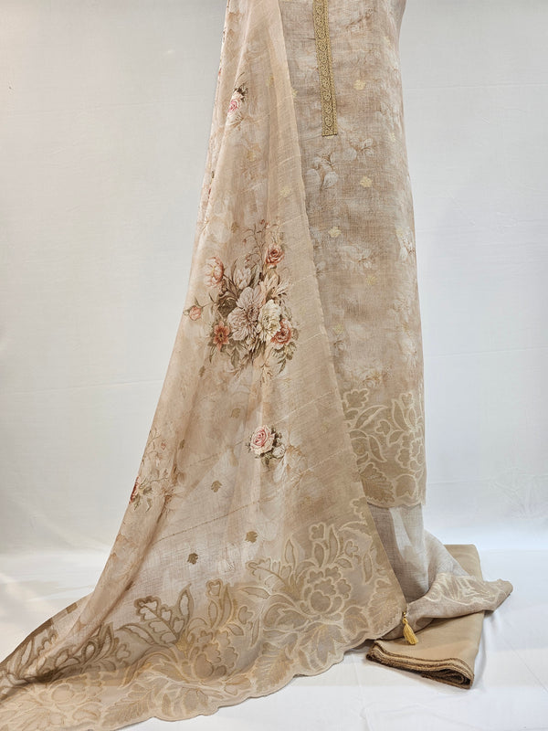 Baize Linen Scalloped Elegance Unstitched Suit Set