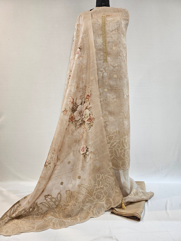 Baize Linen Scalloped Elegance Unstitched Suit Set