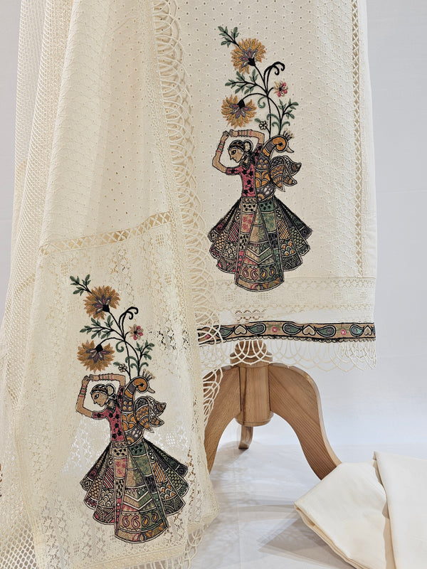 Ivory Elegance: Multicolor Embroidered Cotton Unstitched Suit