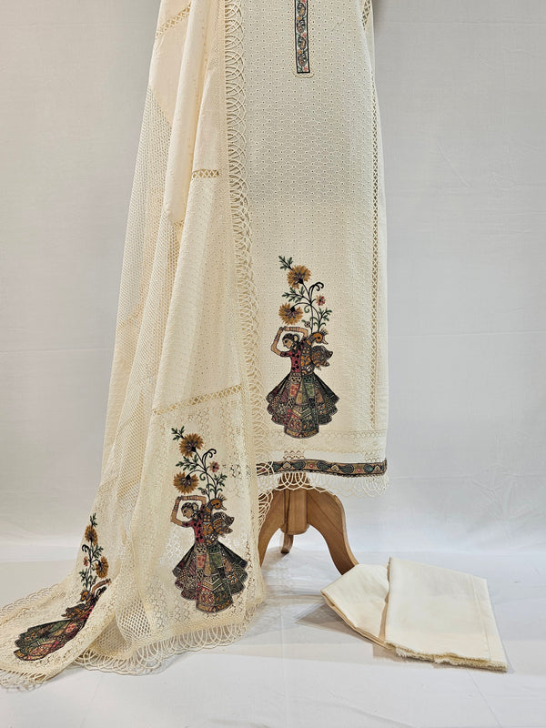 Ivory Elegance: Multicolor Embroidered Cotton Unstitched Suit