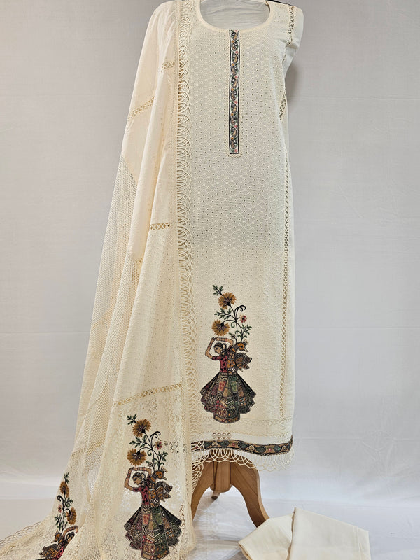 Ivory Elegance: Multicolor Embroidered Cotton Unstitched Suit