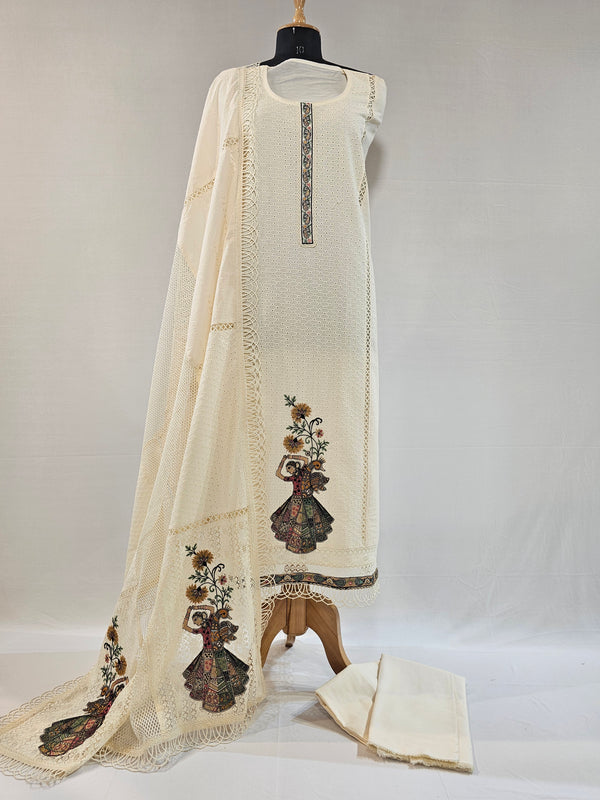Ivory Elegance: Multicolor Embroidered Cotton Unstitched Suit