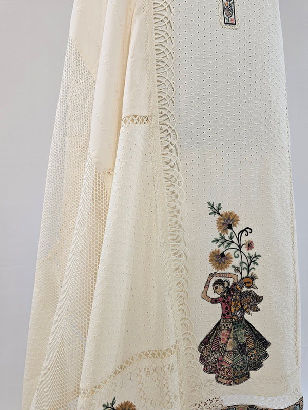 Ivory Elegance: Multicolor Embroidered Cotton Unstitched Suit