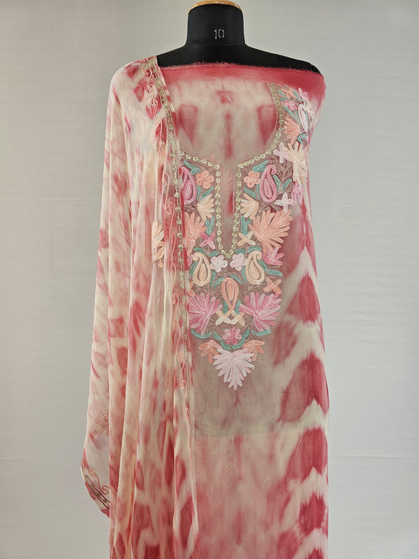 Mehroon Shibori Aari Embroidery Pure Georgette Unstitched Suit Set