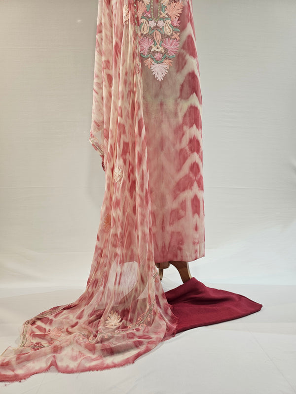 Mehroon Shibori Aari Embroidery Pure Georgette Unstitched Suit Set