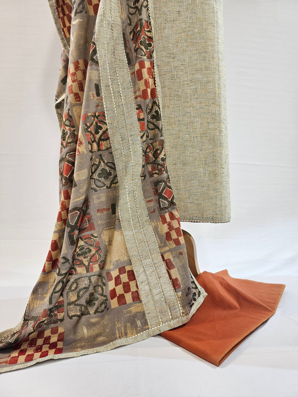 Handloom Cotton Suit with Embroidery & Foil Printed Rayon Stole