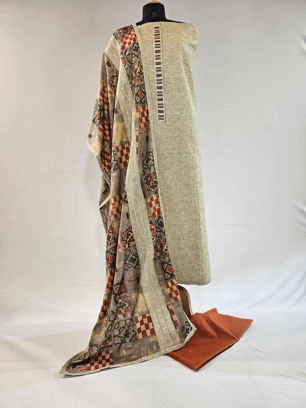 Handloom Cotton Suit with Embroidery & Foil Printed Rayon Stole