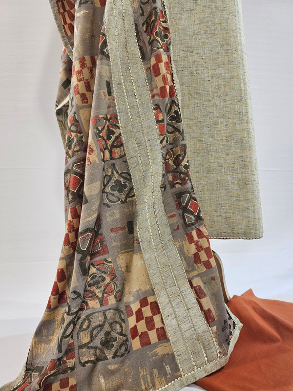 Handloom Cotton Suit with Embroidery & Foil Printed Rayon Stole