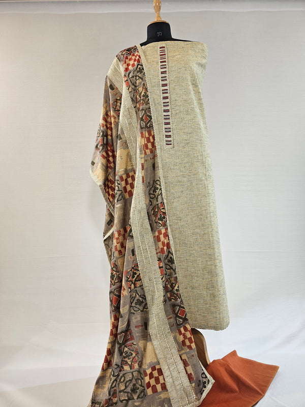 Handloom Cotton Suit with Embroidery & Foil Printed Rayon Stole