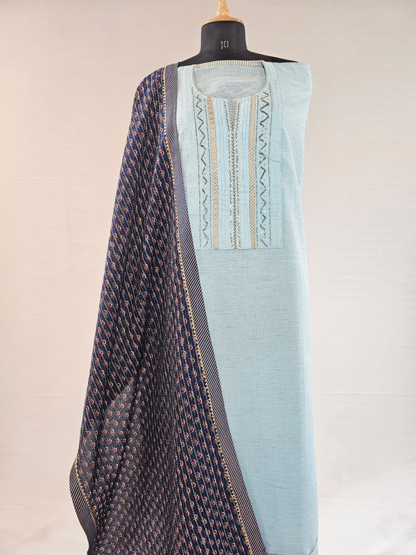 Light Blue Cotton Suit with Elegant Nalki Work & Printed Blue Dupatta