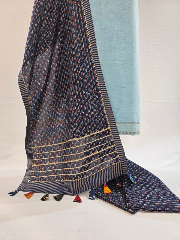 Light Blue Cotton Suit with Elegant Nalki Work & Printed Blue Dupatta