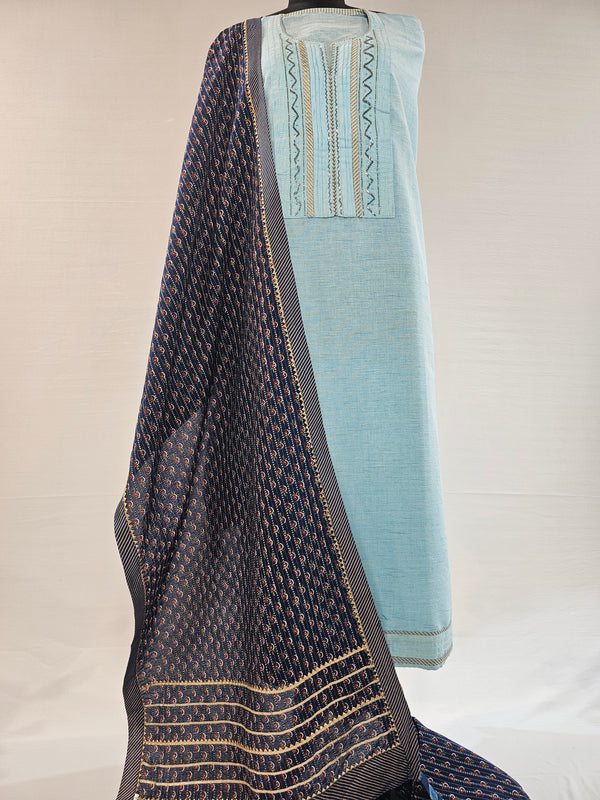 Light Blue Cotton Suit with Elegant Nalki Work & Printed Blue Dupatta