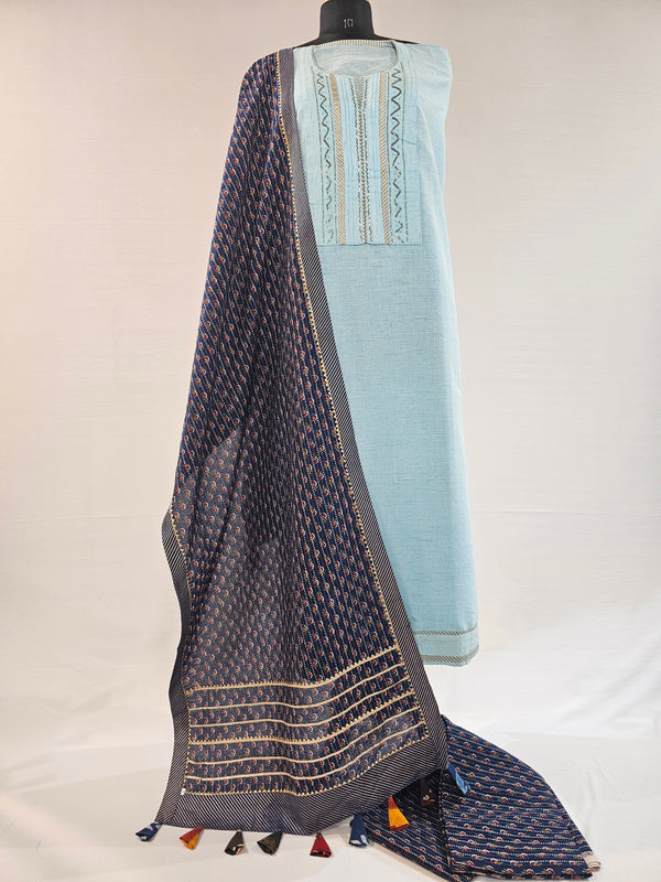 Light Blue Cotton Suit with Elegant Nalki Work & Printed Blue Dupatta