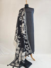 Elegant Black Linen Unstitched Suit with Silver Zari Stripes & Floral Dupatta