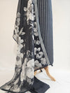 Elegant Black Linen Unstitched Suit with Silver Zari Stripes & Floral Dupatta
