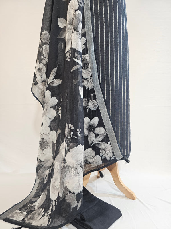 Elegant Black Linen Unstitched Suit with Silver Zari Stripes & Floral Dupatta