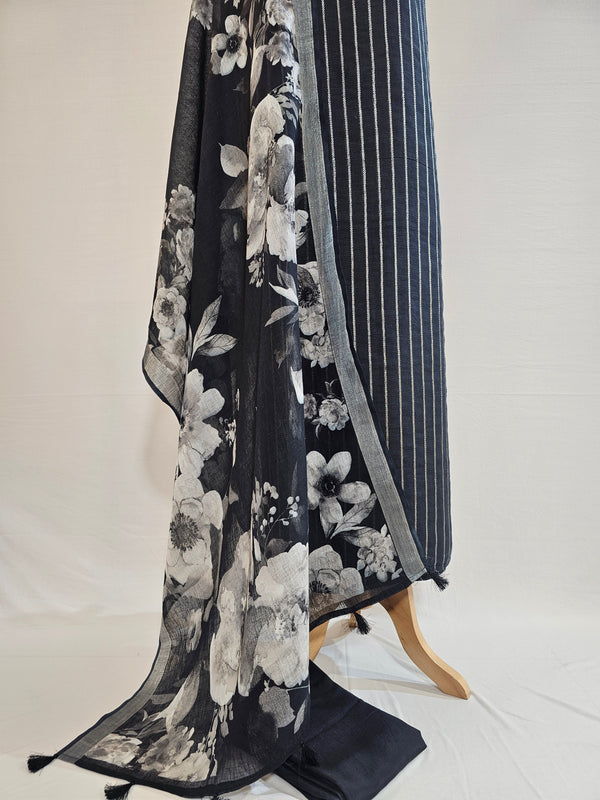 Elegant Black Linen Unstitched Suit with Silver Zari Stripes & Floral Dupatta
