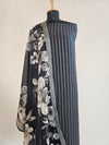 Elegant Black Linen Unstitched Suit with Silver Zari Stripes & Floral Dupatta
