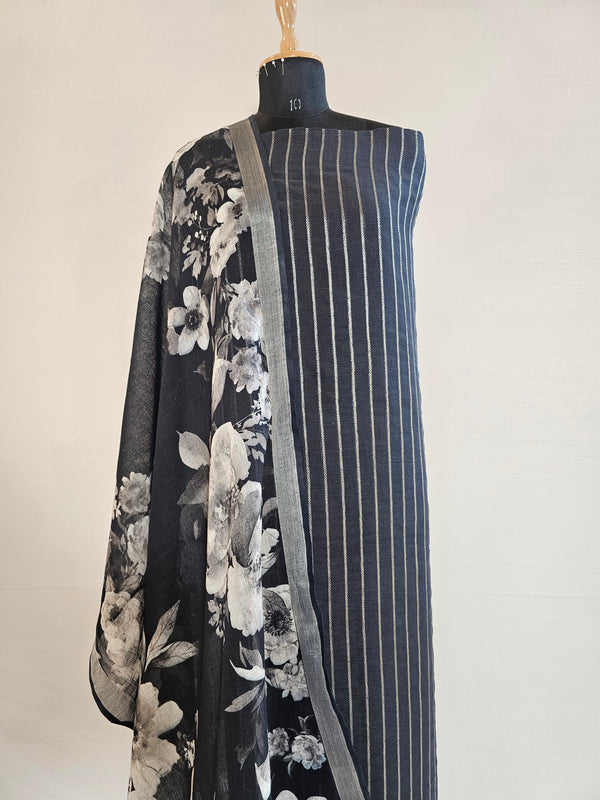 Elegant Black Linen Unstitched Suit with Silver Zari Stripes & Floral Dupatta