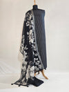 Elegant Black Linen Unstitched Suit with Silver Zari Stripes & Floral Dupatta