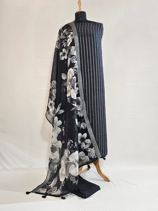 Elegant Black Linen Unstitched Suit with Silver Zari Stripes & Floral Dupatta