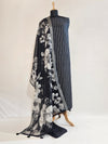 Elegant Black Linen Unstitched Suit with Silver Zari Stripes & Floral Dupatta