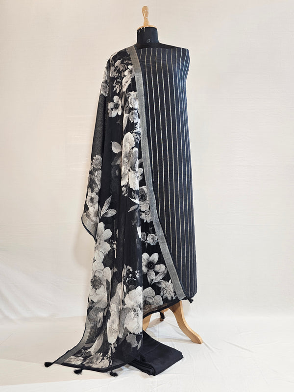 Elegant Black Linen Unstitched Suit with Silver Zari Stripes & Floral Dupatta