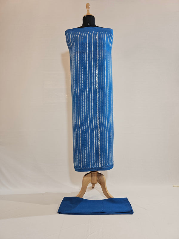 Elegant Blue Rayon Cotton Embroidered Unstitched Suit Set