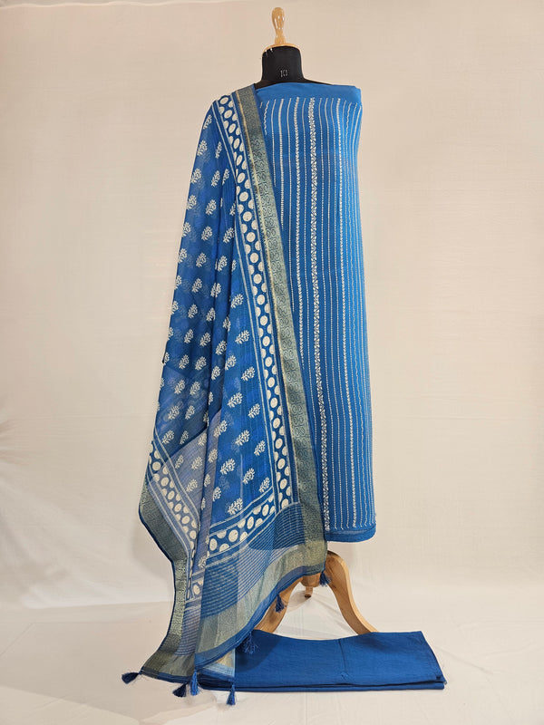 Elegant Blue Rayon Cotton Embroidered Unstitched Suit Set