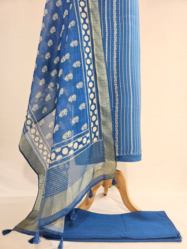 Elegant Blue Rayon Cotton Embroidered Unstitched Suit Set