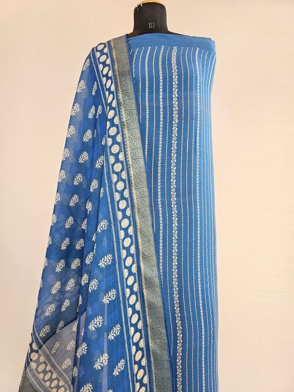 Elegant Blue Rayon Cotton Embroidered Unstitched Suit Set