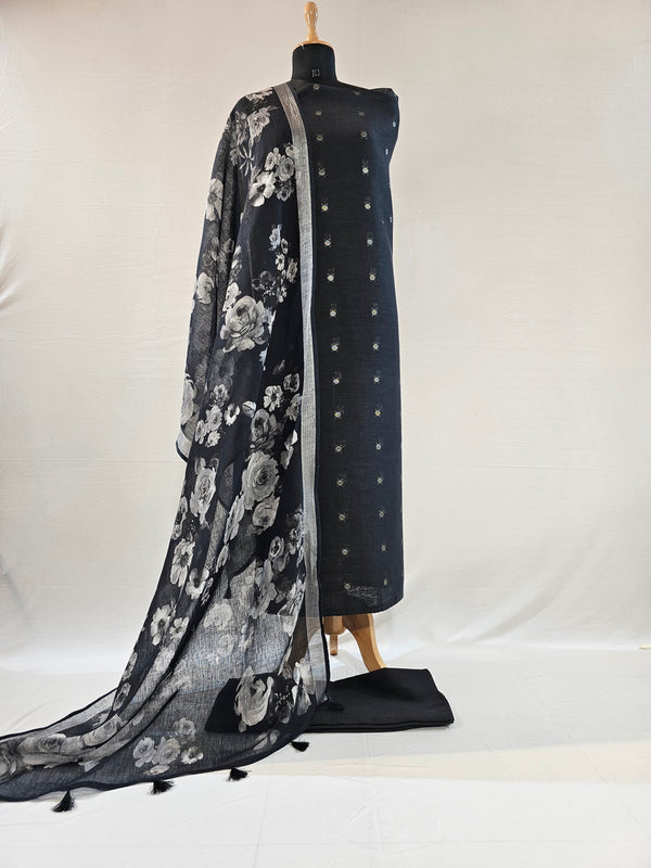 Elegant Black Linen Suit Set with Zari Butti & Floral Dupatta