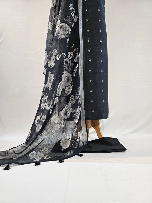 Elegant Black Linen Suit Set with Zari Butti & Floral Dupatta