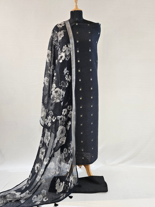 Elegant Black Linen Suit Set with Zari Butti & Floral Dupatta