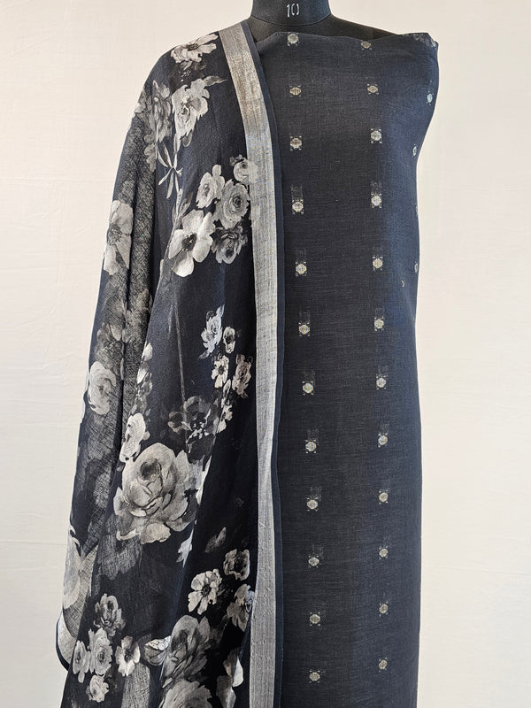 Elegant Black Linen Suit Set with Zari Butti & Floral Dupatta