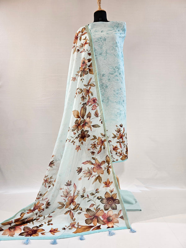 Elegant Light Blue Digital Floral Linen Unstitched Suit