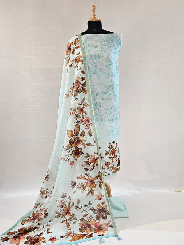 Elegant Light Blue Digital Floral Linen Unstitched Suit