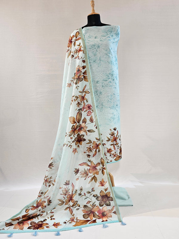 Elegant Light Blue Digital Floral Linen Unstitched Suit