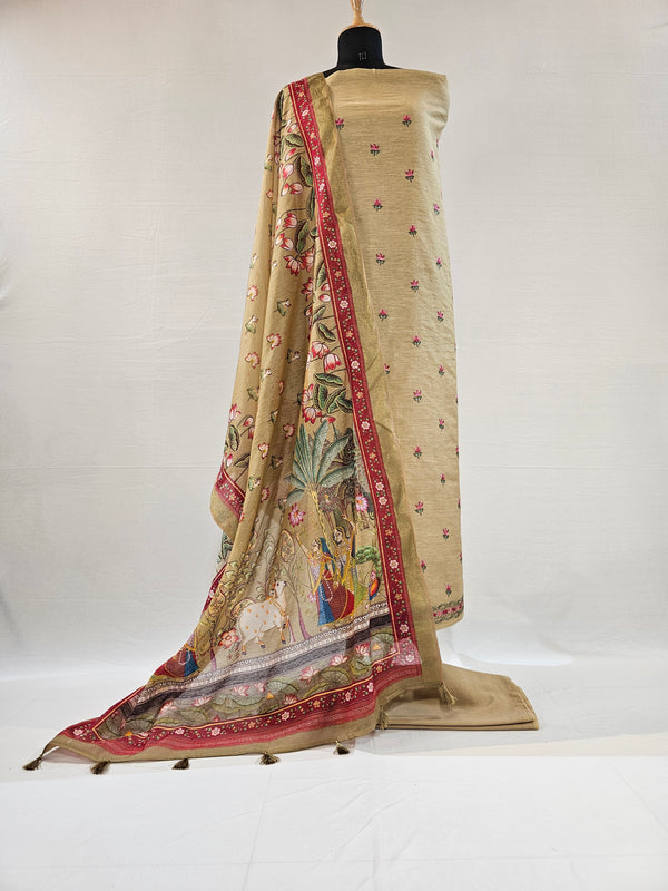 Brown Linen Embroidered Unstitched Suit with Pichwai Art