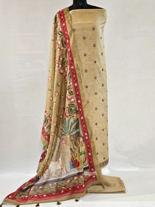 Brown Linen Embroidered Unstitched Suit with Pichwai Art